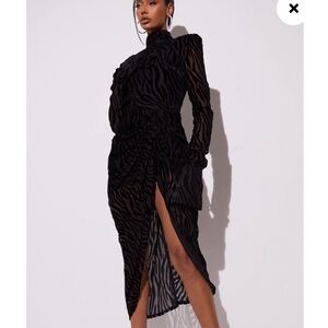 NWT PLT Black Zebra Print Devore High Neck Draped Midi velvet dress
